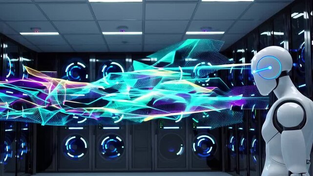 White robot interacting with digital data wall in server room.