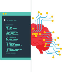Artificial intelligence brain merging with computer code concept for digital innovation and technology vector