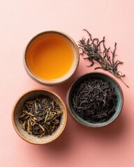 Fototapeta premium Assortment Of Teas In Ceramic Bowls On Pink Background