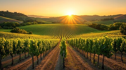 Fototapeta premium Sunset over a Vineyard Landscape with Rows of Grape Vines and Rolling Hills