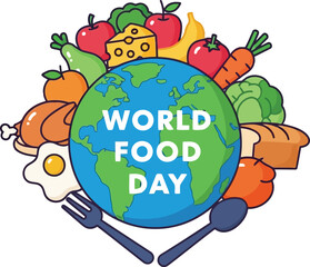 World food day earth surrounded by diverse healthy foods and utensils celebration concept vector