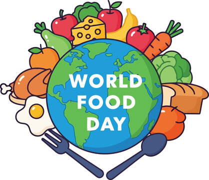World food day earth surrounded by diverse healthy foods and utensils celebration concept vector