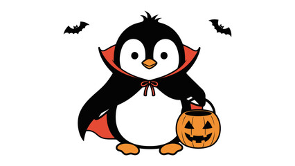 Halloween Penguin: A charming cartoon penguin dressed in a vampire cape holding a jack-o'-lantern bucket, with bats soaring above, embodies the spirit of Halloween with a playful touch.