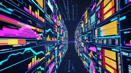 Digital wall with charts and graphs representing innovative production and modern manufacturing.