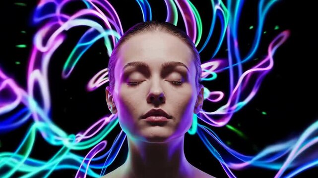 Conceptual visualization of energy waves radiating from a woman&rsquo;s head, symbolizing meditation and mindfulness.
