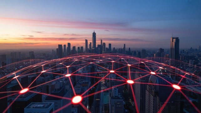 Futuristic network over cityscape at sunset global connection technology concept