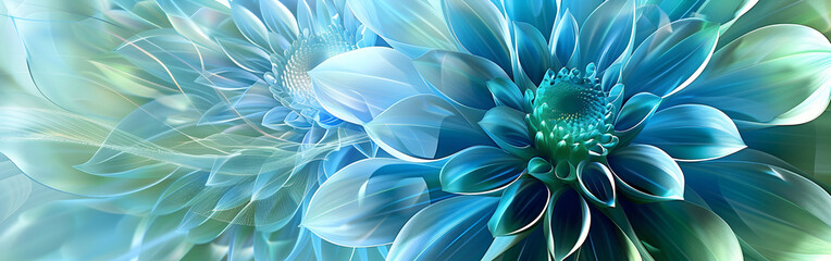Abstract Blue-Green Petals with Glowing Floral Dreamlike Design