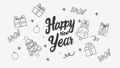 A striking, hand-drawn vector banner in black and white, featuring a Happy New Year greeting. The whimsical lettering and decorative stickers are cleanly isolated on a white background.