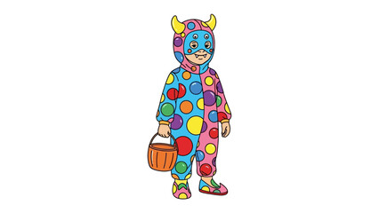 Child in Halloween Costume: A cheerful child dressed in a vibrant, polka-dotted costume, ready for Halloween night, holding an orange bucket. Capturing the joy of childhood, imagination.