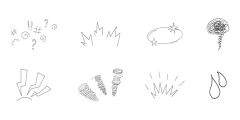 Comic manga effect angry exclamation expressions, hand drawn sketch line emoticon anime reaction set. Scribble anime dizzy marks 