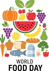 World food day healthy eating fruits vegetables grains fish balanced diet vector
