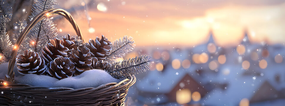 A wicker nest with pine cones and spruce branches on a snowy floor against the backdrop of a cozy snow-covered village on a winter day