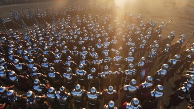 Christian crusaders army with medieval armor, shields, and crosses preparing for reconquest at sunset.