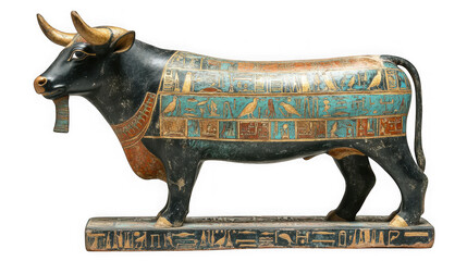 Ancient egyptian statue of a bull, possibly apis, adorned with hieroglyphs and vibrant colors, isolated on transparent background