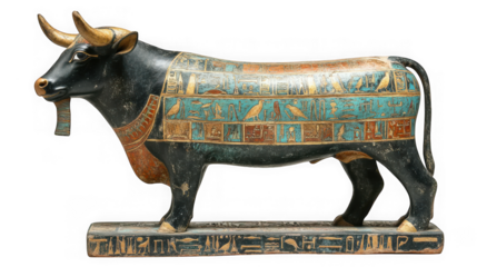Ancient egyptian statue of a bull, possibly apis, adorned with hieroglyphs and vibrant colors, isolated on transparent background