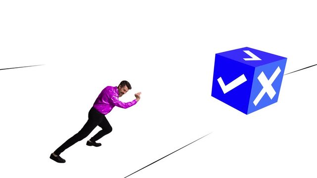 Modern ad video of man in bright shirt pushing oversized blue cube featuring check and cross marks. Concept of decision-making, challenges, and weighing correct versus incorrect options.