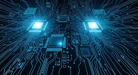 Futuristic Glowing Circuit Board with Blue Microchips and Digital Pathways, Representing Advanced Technology, Artificial Intelligence, Data Processing, and High-Tech Innovation in Modern Computing

