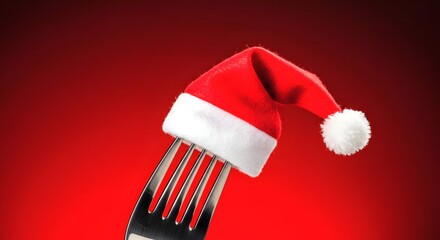 Christmas dinner. Background, Cutlery fork wearing a red festive father christmas santa hat, wallpaper, background 