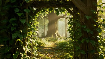 Mystical forest gate leading to a tranquil sunlit clearing - Powered by Adobe