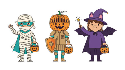 Spooky Characters: Three whimsical Halloween figures, a mummy, a pumpkin knight, and a witch, stand side by side, exuding a playful and inviting vibe.