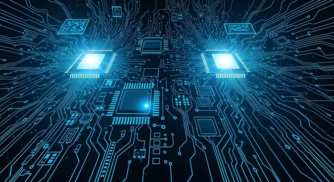 Futuristic Glowing Circuit Board with Blue Microchips and Digital Pathways, Representing Advanced Technology, Artificial Intelligence, Data Processing, and High-Tech Innovation in Modern Computing

