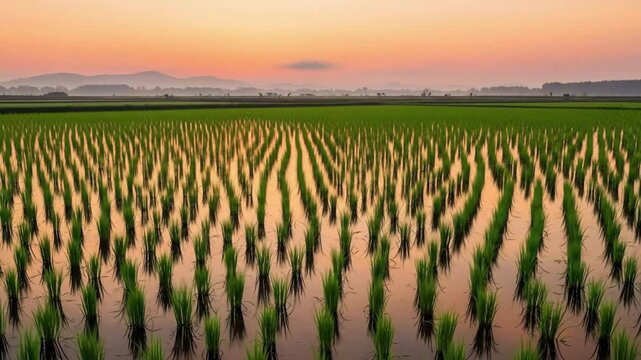 Vast rice paddy field reflecting the sunset's warm hues, showcasing agricultural beauty and tranquility.