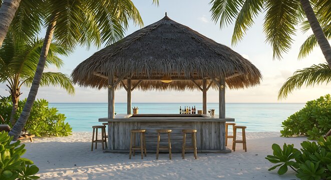 Tropical beach bar with thatched roof ocean view and palm trees at sunset - Powered by Adobe