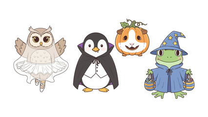 Halloween Animal Ensemble: A whimsical collection of animals in festive costumes, including a ballet owl, a vampire penguin, a guinea pig pumpkin, and a wizard frog.