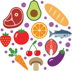 Healthy food choices arranged in a circle meat fish fruits vegetables nutritious ingredients for diet and lifestyle vector