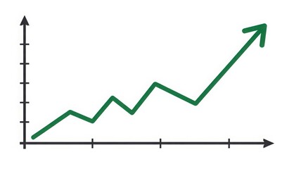 Hand drawn growth chart green arrow pointing up isolated on white