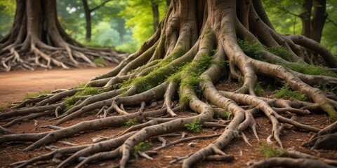 Weathered tree roots exposed in damp earth