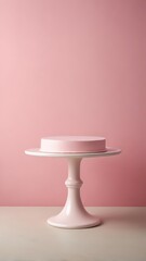 A delicate pink cake stand sits on a soft pastel pink table with ample space around it