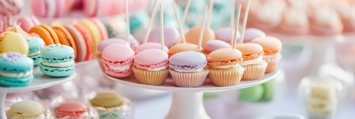 An elegant dessert table with macarons, mini cupcakes, and colorful candies arranged in a party setting