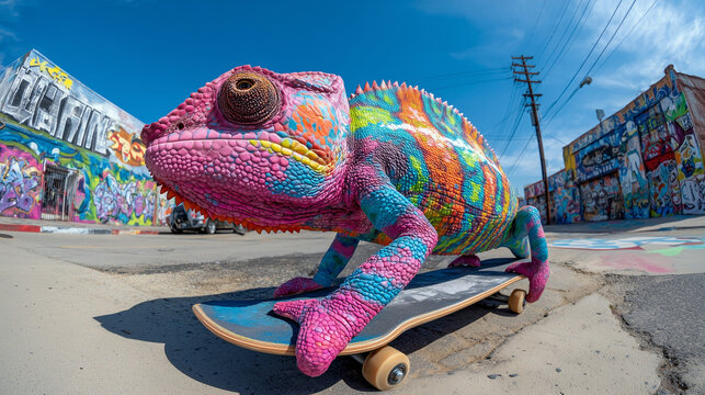 chameleon skateboarding through urban graffiti art - Powered by Adobe