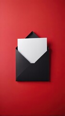 Word on white paper lying on a black envelope on a red background