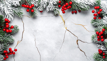 Christmas composition on gray marble with golden veins of fir branches