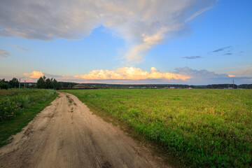 Fototapeta premium Dirt road leads to a field of grass