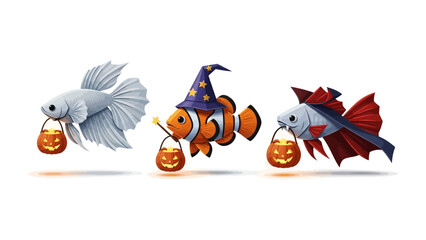 Fototapeta premium Spooky Underwater Crew: A trio of vibrant aquatic creatures, each dressed for a Halloween adventure, playfully navigate an ethereal aquatic scene, embodying the joy of the season.