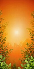 Vibrant orange gradient abstract background with scattered patches of foliage and lush greenery
