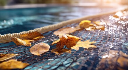 Autumn leaves on a pool net, shimmering water