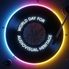 World Day for Audiovisual Heritage neon sign on a vinyl record with digital circuit board pattern, symbolizing legacy media preservation