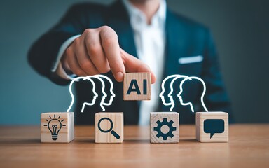 Businessman holding an ai block integrating artificial intelligence with human minds for innovative ideas and solutions in a collaborative workplace