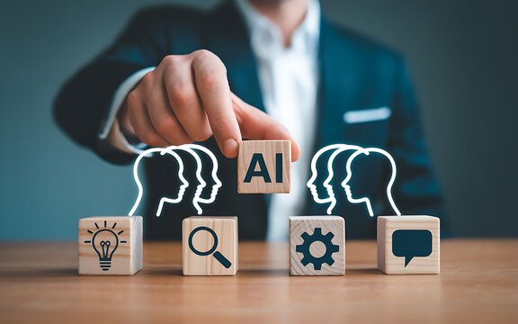 Businessman holding an ai block integrating artificial intelligence with human minds for innovative ideas and solutions in a collaborative workplace