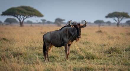 Wildebeest grazing in african savanna with trees and open landscape