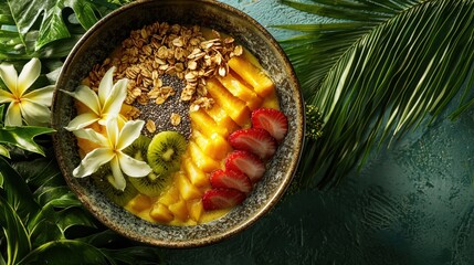 A vibrant smoothie bowl topped with granola, chia seeds, and sliced tropical fruits