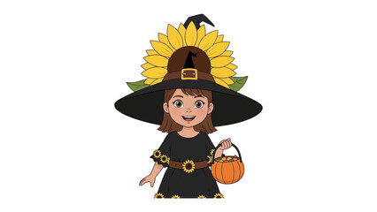 A little witch ready for Halloween: A cheerful child in a black witch costume, adorned with sunflower, carrying a pumpkin basket and ready to start fun trick-or-treating.