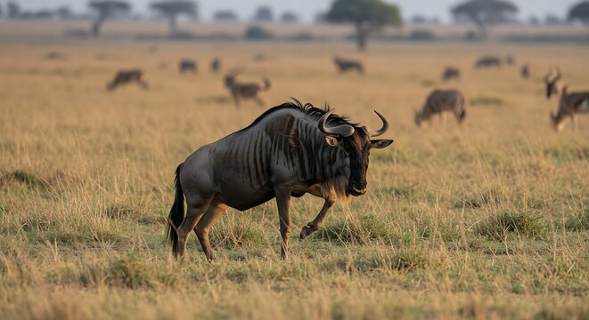 Wildebeest grazing in african savannah with other animals