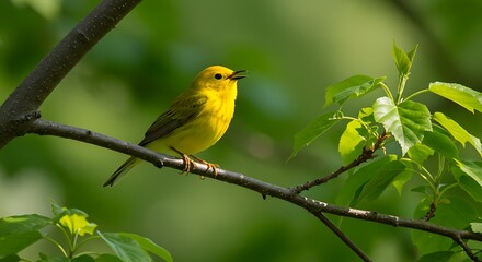 Vibrant yellow bird perched on a branch in a lush green environment