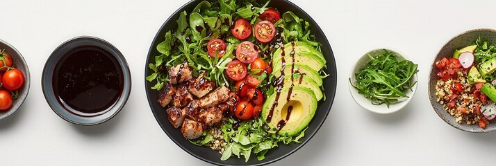 A vibrant salad bowl filled with mixed greens, cherry tomatoes, avocado slices, and balsamic dressing