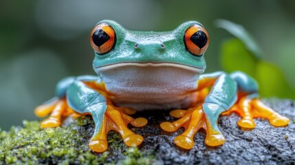 Fototapeta premium Red-eyed tree frog sits atop mossy branch, vibrant colors, shallow depth of field